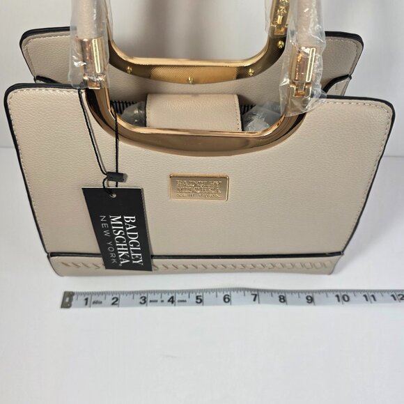 Badgley Mischka New York Top Handle Satchel Cream Gold Frame Structured Handbag - Picture 7 of 11